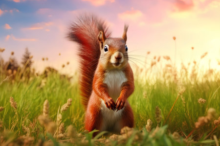 Squirrel in the meadow at sunset. Animals in nature.の素材