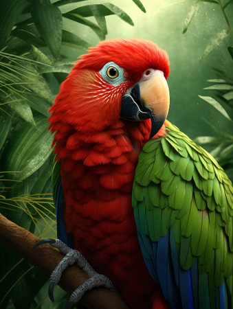 Parrot sitting on a branch in the jungle. 3D renderingの素材