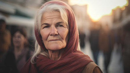 Portrait of an elderly woman in a red scarf on the streetの素材