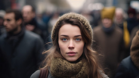 Portrait of a beautiful young woman in winter clothes on the streetの素材