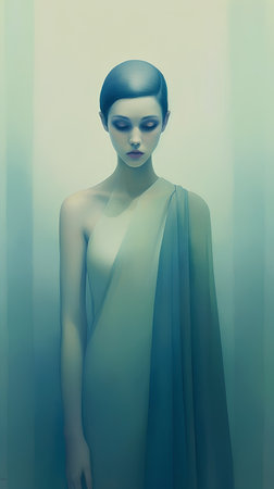 Fashion portrait of a beautiful woman in a turquoise dressの素材