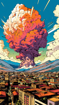 Vector illustration of a big explosion in the city. Colorful backgroundの素材