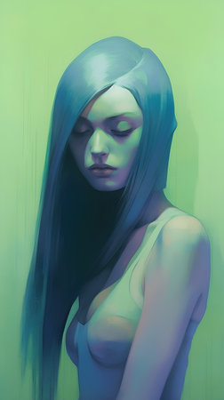 Portrait of a beautiful young woman with blue hair and green eyesの素材