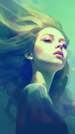 3D illustration of a beautiful woman with long hair and blue eyesの素材