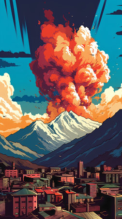 Volcanic eruption on the background of the city. Vector illustrationの素材