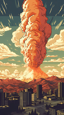 Volcanic eruption and cityscape. Vector illustration in cartoon styleの素材