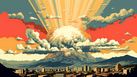 Volcano eruption with the city in the background. Vector illustration.の素材