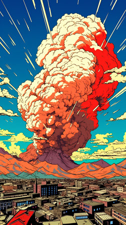 Aerial view of a big explosion over the city. Vector illustrationの素材