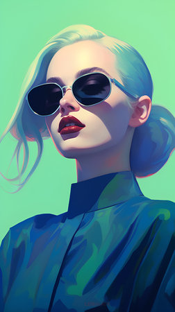 3D illustration of a beautiful blond woman with blue hair and sunglasses.の素材