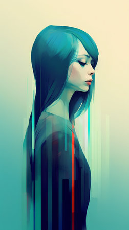 Fashion art portrait of young beautiful woman with blue hair. Vector illustration.の素材