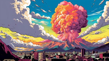 Big explosion in the city at sunset. Colorful vector illustration.の素材