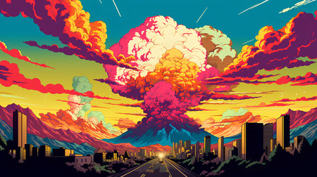 Volcanic eruption. Big explosion in the city. Vector illustrationの素材
