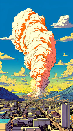 Volcanic eruption over the city. Cartoon style. Vector illustration.の素材