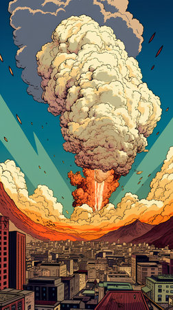 Vector illustration of a nuclear explosion in the city. Illustration of an explosion.の素材