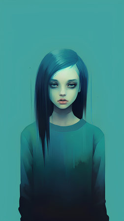 Portrait of a beautiful girl with long black hair in a green shirt.の素材
