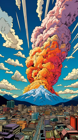 Volcano eruption over the city. Vector illustration in cartoon style.の素材