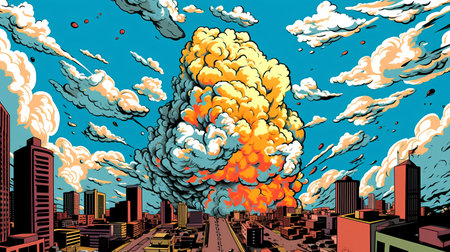 Cartoon explosion in a city. Vector illustration of a fire in the city.の素材