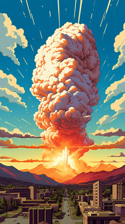 Big explosion over the city at sunset. Vector illustration in retro styleの素材