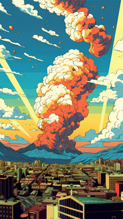 Cartoon explosion over the city. Vector illustration for your design.の素材