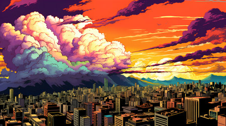 Cityscape with thunderstorm at sunset. Colorful vector illustration.の素材
