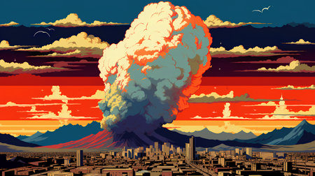 Volcano eruption in the city at sunset. Vector illustration of a natural disaster.の素材