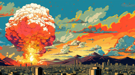 Vector illustration of a nuclear explosion in the city. Nuclear disaster.の素材