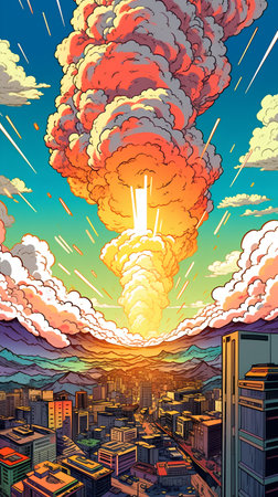 Cartoon cityscape at sunset. Vector illustration in retro style.の素材