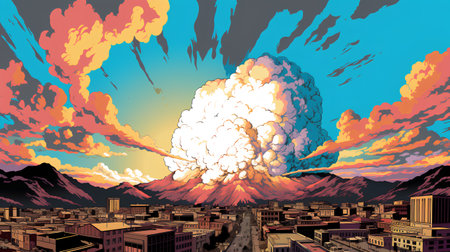 Volcano in the city. Big explosion in the sky. Vector illustrationの素材