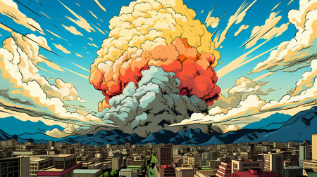 Cartoon illustration of a nuclear explosion over the city. Vector illustrationの素材