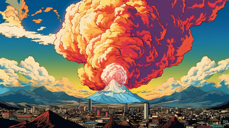 Volcanic eruption in the city. Colorful cartoon illustration.の素材