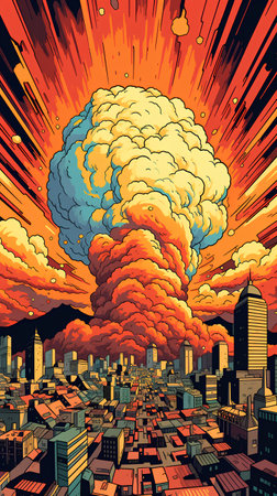 Vector illustration of a city with a big cloud on the sky.の素材