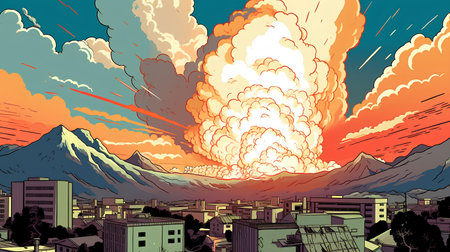 Volcano eruption on the background of the city. Vector illustration.の素材