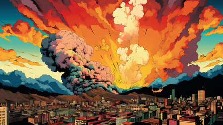 Volcanic eruption in the city. Vector illustration in cartoon styleの素材
