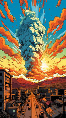 Vector illustration of the cityscape with a big explosion in the skyの素材