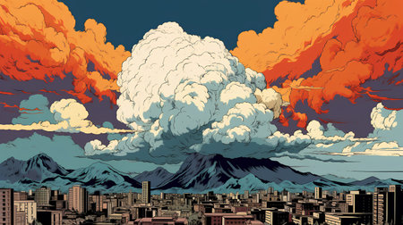 Volcano eruption. Big explosion in the city. Vector illustration.の素材