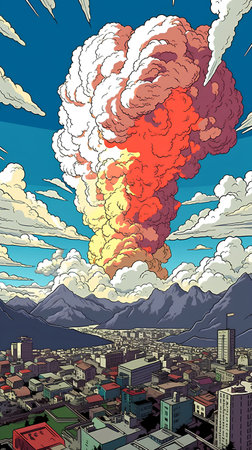Vector illustration of a big explosion over the city. Fire in the sky.の素材