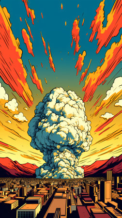 Big explosion over the city. Vector illustration in retro comic style.の素材