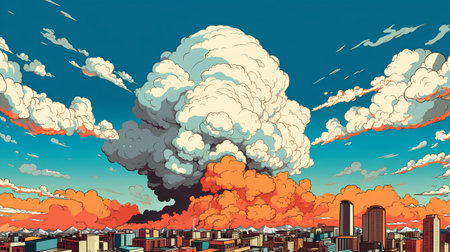 Vector illustration of a city with a huge explosion of smoke and fire.の素材