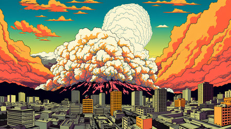 Big explosion in the city on a background of the sky. Vector illustrationの素材