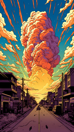 illustration of a thunderstorm over a street in the city.の素材