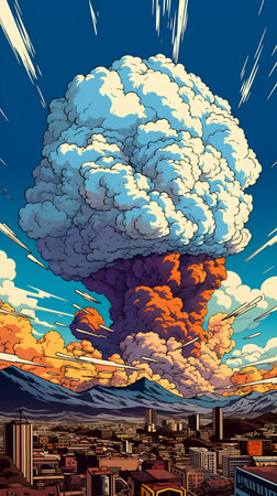 Cartoon big cloud on the background of the city. Vector illustrationの素材