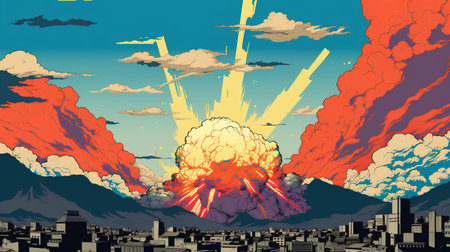 Cartoon explosion in the city. Vector illustration of a nuclear explosion.の素材