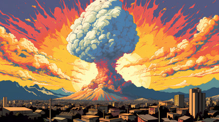 Atomic explosion in the city. Illustration of a nuclear disaster.の素材