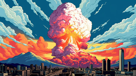 Vector illustration of a nuclear explosion in the city at sunset. Nuclear disaster.の素材