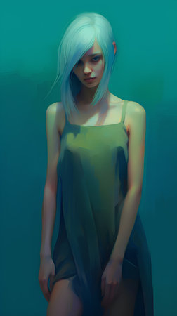 3d illustration of a beautiful woman with blue hair and green dressの素材