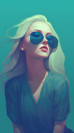 Fashion portrait of a beautiful blonde woman in blue sunglasses. Vector illustration.の素材