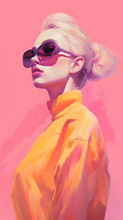 Fashion portrait of a beautiful girl in sunglasses on a pink background.の素材