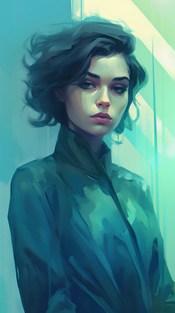 Fashion portrait of a beautiful woman in a blue coat. Vector illustration.の素材