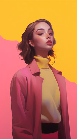 Fashion portrait of a beautiful girl in a pink coat on a yellow background.の素材