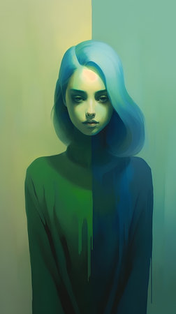Portrait of a beautiful girl with blue hair and green eyes.の素材